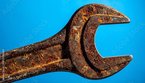 Rusted Wrench on Blue Background