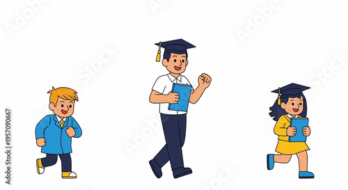 Illustration of a family with a doctor and two children running together on World Health Day, with a design background and icon-style characters.