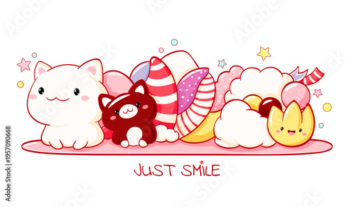 Decorative border with cats and  cute dessert in kawaii style. Jelly, muffin, cupcake with whipped cream and kittens. Can be used for t-shirt print, sticker, badge, greeting card. Vector EPS8