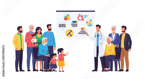 A diverse group of people including a doctor presenting a health-related infographic on World Health Day against a clean background with colorful design elements.