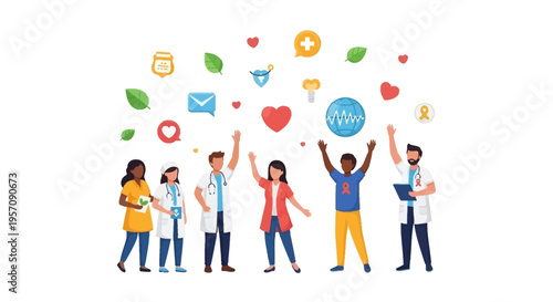 Illustration of diverse people celebrating World Health Day with a doctor and health-related icons floating above them on a white background, conveying a joyful mood.