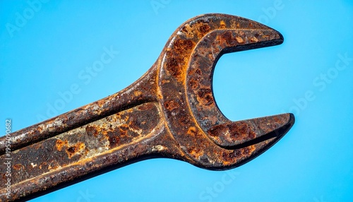 Rusted Wrench on Blue Background