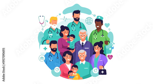 Illustration of diverse people and a doctor for World Health Day with a colorful design on a background, conveying health and wellness.