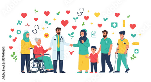 Illustration of diverse people including a doctor and family with a child and elderly in a wheelchair surrounded by health-related icons on a white background for World Health Day.
