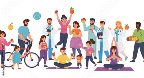 Illustration of diverse people engaging in healthy activities on World Health Day with a doctor and family members promoting wellness against a clean background.