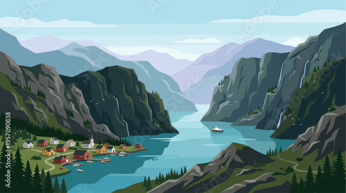 A serene, stylized vector illustration of a picturesque coastal village nestled in a Norwegian fjord, with steep mountains, waterfalls, and a ferry boat.