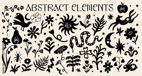 Abstract boho shapes design elements set with vector illustration of different types of magical animals, exotic flowers, funky plants, whimsical silhouettes, decorative stickers in boho aesthetic