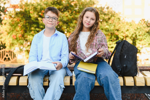 Картината върху платно Schoolchildren sitting on bench studying outdoors