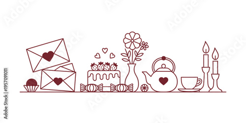 A romantic composition featuring love letters a strawberry cake a flower vase and tea accessories Vector