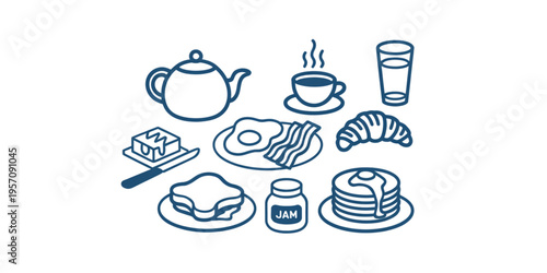 A collection of various breakfast food items including tea, coffee, pancakes, eggs, and pastry Vector