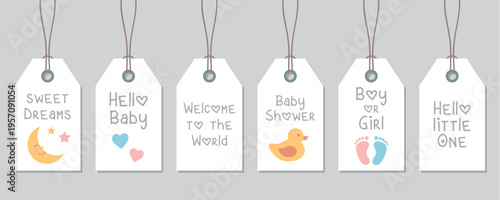 cute newborn baby paper tag set minimalistic design vector illustration