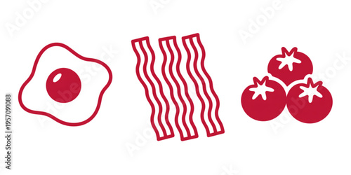 A minimalist graphic illustration featuring a fried egg, crispy bacon strips, and fresh tomatoes Vector