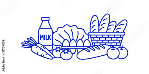 A collection of fresh grocery items including milk bottle vegetable produce bread and fresh eggs Vector