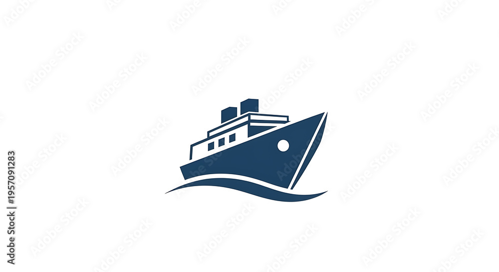 Naklejka premium A stylized blue ship icon with two smokestacks sailing on wavy water against a white background
