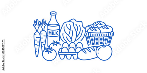 A collection of fresh grocery items including milk carrots lettuce bread eggs and a ripe apple Vector