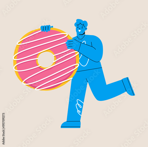 Man holding big donut in hands. Colorful vector illustration