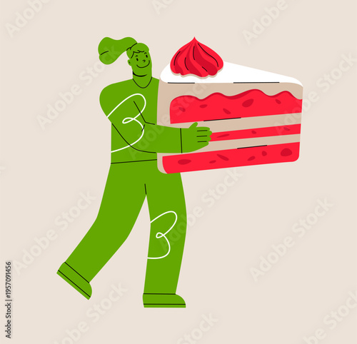Woman holding big cake in hands. Colorful vector illustration