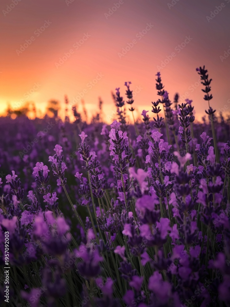 Naklejka premium Flower Nature Lavender Field Flowers Purple Plant Summer Garden Violet Bloom Spring Meadow Herb Blossom