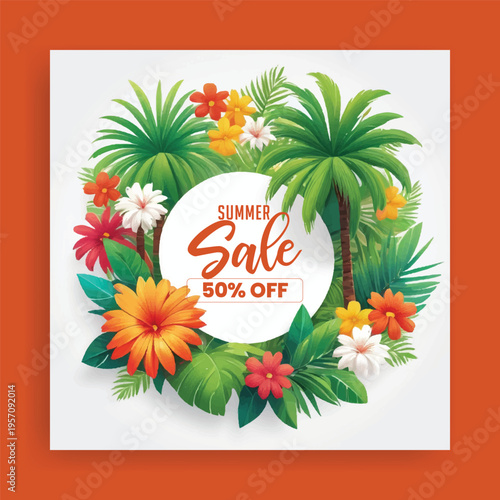 Summer beach party social media post design Summer sale promotion discount square social media post marketing banner with tropical flowers and palm leaves illustration