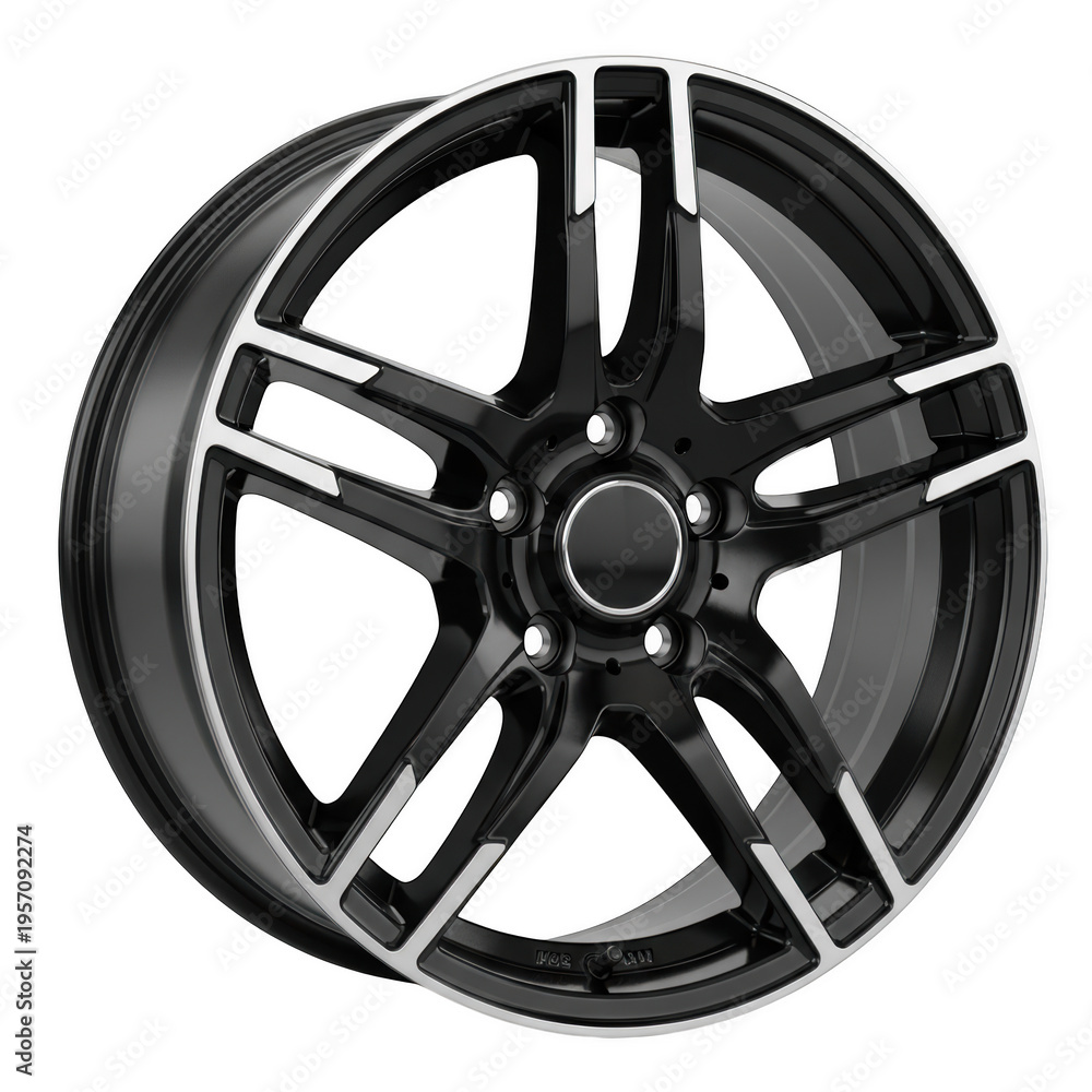 Obraz premium Black car wheel with five spokes and silver accents isolated on transparent background
