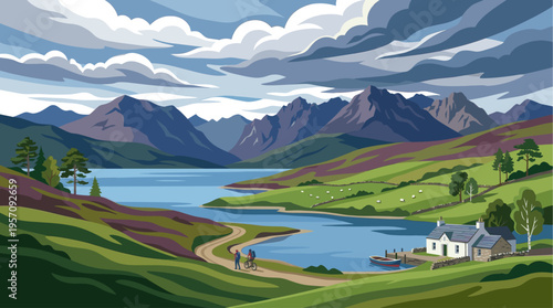 A vibrant, stylized illustration of a Scottish highland landscape featuring a lake, mountains, green hills, and a quaint cottage with sheep grazing nearby.