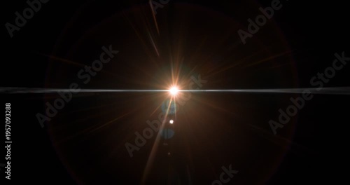 Anamorphic lens flare burst in slow motion, isolated on black background. Cinematic light streaks and optical reflections, ideal for VFX compositing, overlays, sci-fi transitions and film effects.