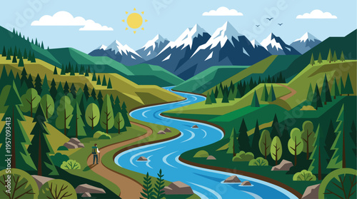 A lone hiker with a backpack and walking stick traverses a dirt path alongside a winding blue river, with lush green hills and snow-capped mountains in the background under a sunny sky.