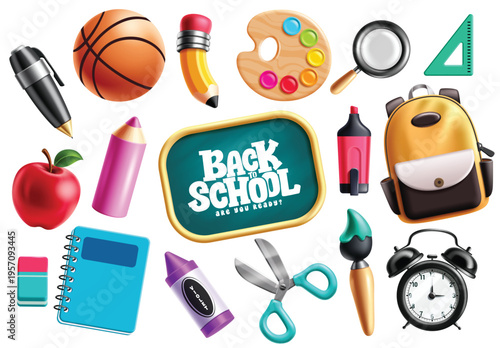 School elements 3d clipart set. Back to School greeting text in chalkboard clip art with 3d school supplies, items and educational learning elements collection in white background vector illustration.