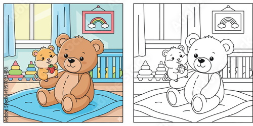 Adorable Cartoon Hamster with Strawberry on a Teddy Bear in a Child's Nursery Room