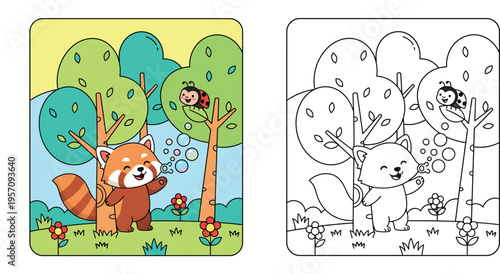 Adorable Cartoon Red Panda Blowing Bubbles with Ladybug Friend in a Whimsical Forest