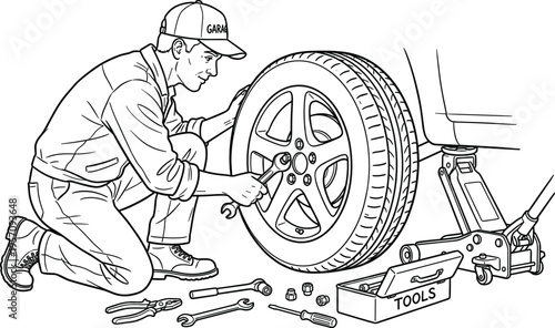 Mechanic changing a car tire using a wrench with hydraulic jack and scattered tools in workshop.