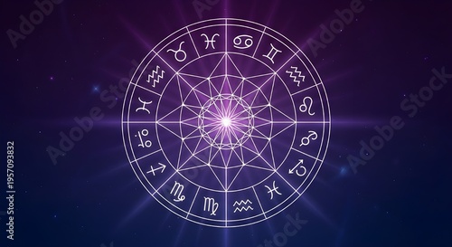 Astrology wheel with zodiac symbols and starburst on purple background