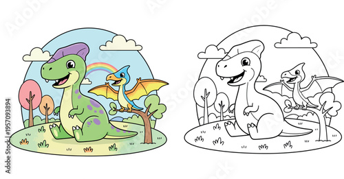  Adorable Cartoon Dinosaur and Pterodactyl Friends in a Prehistoric Landscape with Rainbow
