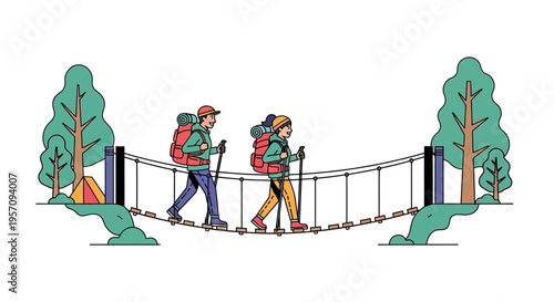 A couple hikes across a rope bridge in a colorful forest setting