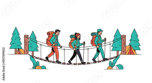 Hikers carefully traverse a rope bridge amidst a colorful forest scene