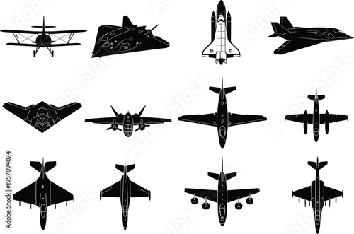 Aircraft silhouettes vector illustration, aviation icon design, airplane posture symbol artwork, flight technology concept background set