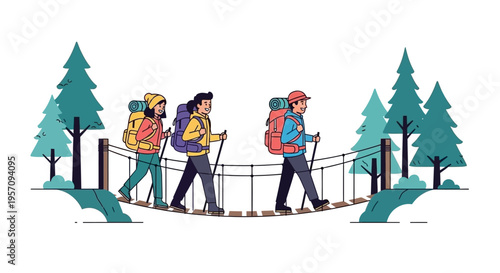 Three hikers traverse a narrow wooden bridge in a forested landscape