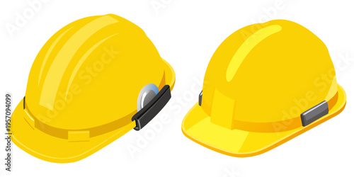 Yellow plastic construction hard hat and safety goggles isolated on a white background, essential protective equipment for an industrial worker or builder's head protection.
