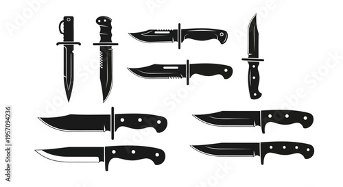 Collection of various black silhouette knives displayed in a horizontal arrangement