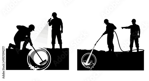 Construction workers excavating and inspecting underground pipes with tools