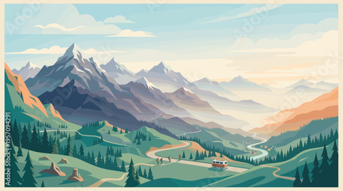 A scenic, flat illustration of a winding road through a lush green mountain valley with hikers and a vintage camper van, evoking a sense of adventure and exploration.