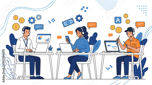 Professional call center team providing customer support and financial services with laptops and headsets in modern office.