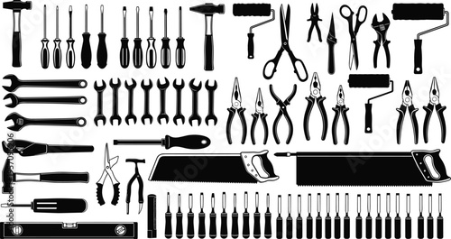 Hand Tools Hardware Icon Set with Black Silhouettes, Carpentry Equipment Vector Illustrations, DIY Construction Symbols for Professional Woodworking and Home Repair