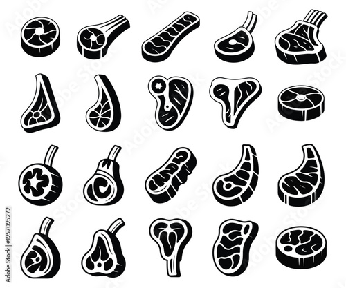 Meat Cuts Icon Set Vector – Steak, Beef, Lamb and Pork Cuts Black Silhouette Collection