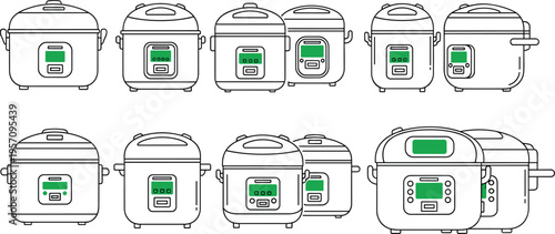 Black Outline Vector Set of Modern Electric Rice Cookers and Multi Cookers Isolated on White Background for Kitchen Appliance Design and Home Cooking Graphics