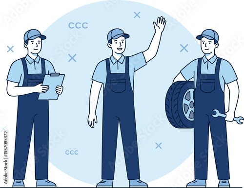 Team of professional auto mechanics in blue overalls with tire wrench and clipboard for car service.