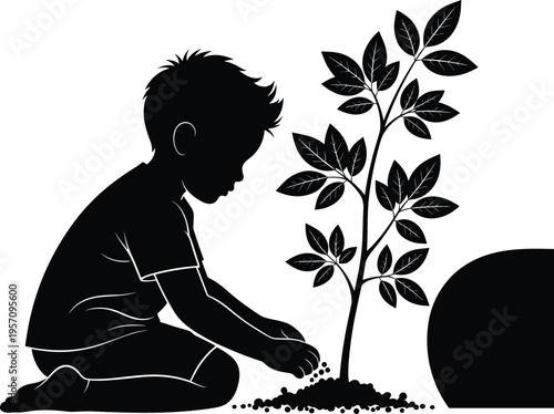 WebBlack silhouette of a young boy kneeling and planting a tree sapling in garden soil for environmental conservation sustainability nature education and childhood gardening
