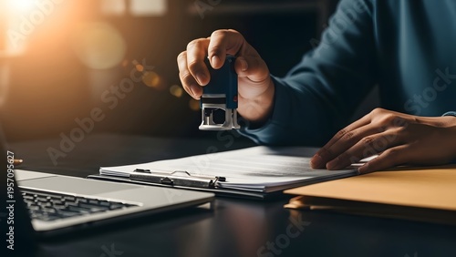 Hand holds a rubber stamp above important documents on a clipboard, symbolizing official approval or legal certification process.