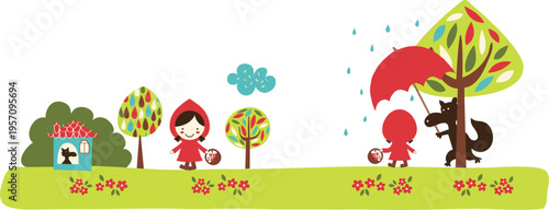 An illustration of a girl in a red cloak with a wolf