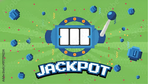 Pixel Art Slot Machine with Jackpot Text on Green Background, Casino Gaming Concept